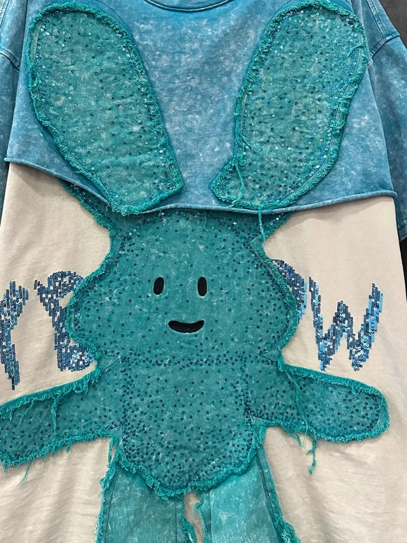 Heavy Industry Design Sticker Embroidery Rabbit Short Sleeve Loose Casual Medium and Long Top T-shirt For Women