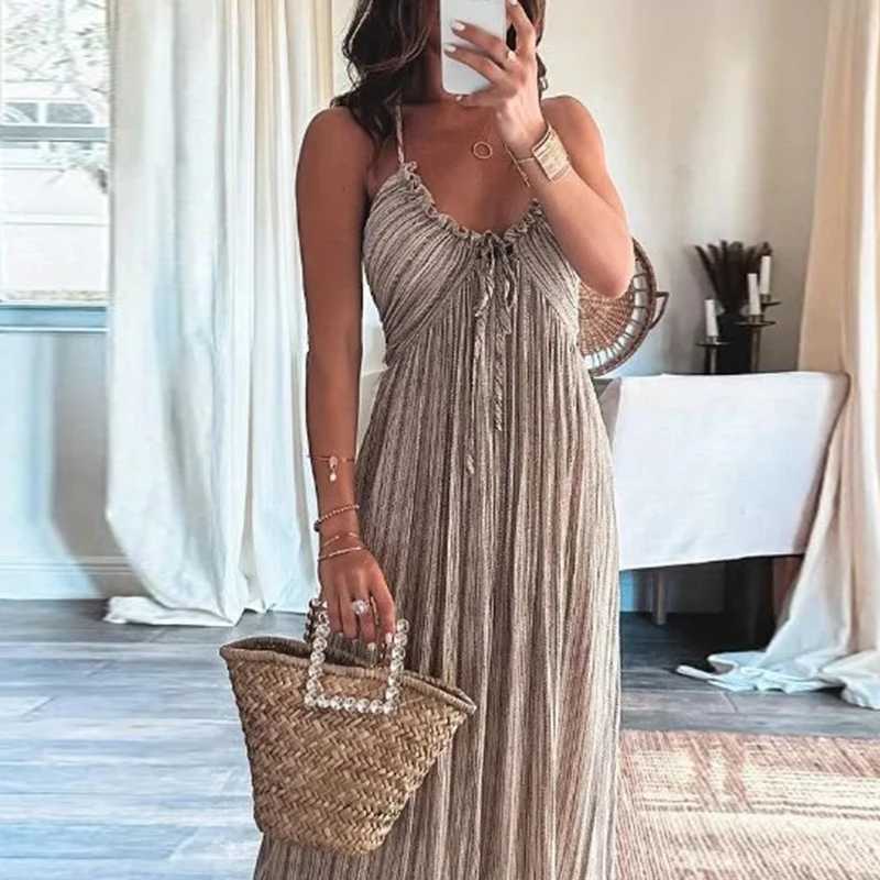 Women Sexy U Neck Halter Long Party Dress Spring Solid High Waist Pleated Maxi Dress Summer Backless Lace-up Hollow Boho Dresses