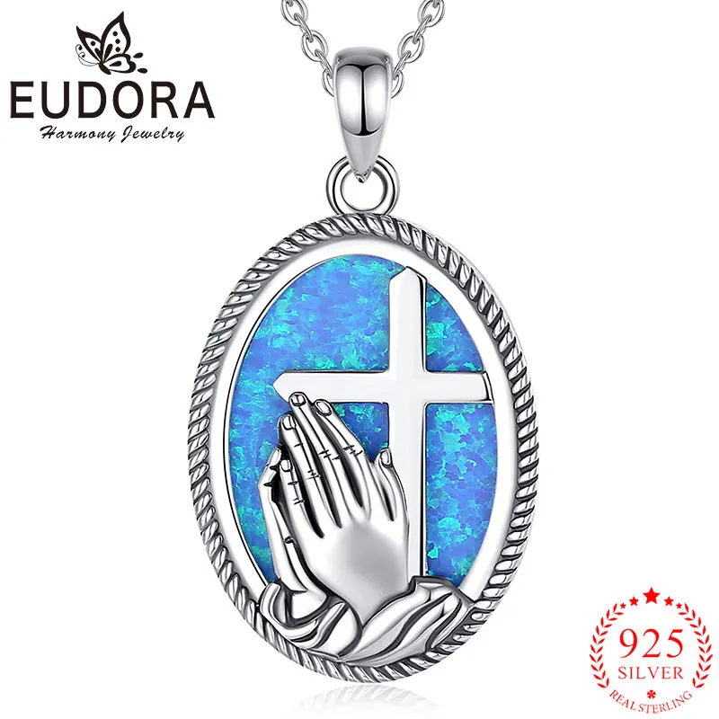 Eudora 925 Sterling Silver Praying Hand Necklace Blue Opal Cross Embossed Religious Pendant Men Women Jewelry Personality Gift