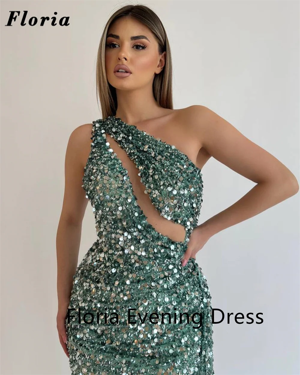 Floria One Shoulder Formal Evening Dresses Custom Made Sequins Fabric Green Long Celebrity Prom Dress Arabic Women Party Gowns