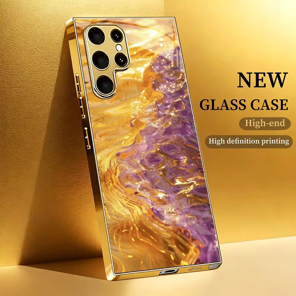 Gilded purple fluid oil painting glass phone case suitable for Samsung Galaxy S26 S25 S24 S22 S21 S20 FE/Ultra/Plus anti drop