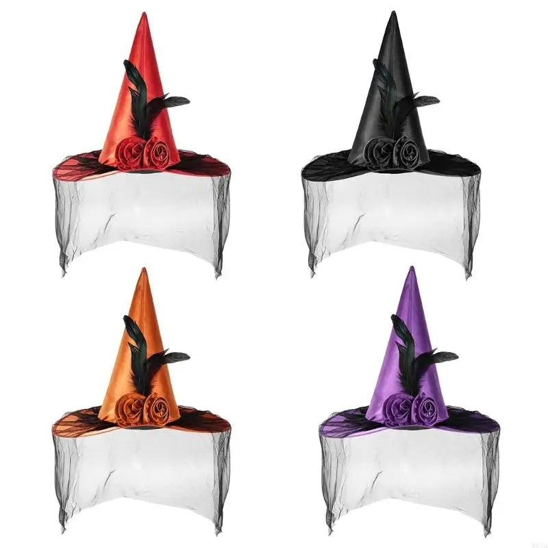 

W0YA Witch Hat Halloween Carnivals Photography Adult Witch Hat with Black Veil Applique Parties Cosplay Hat for Teen