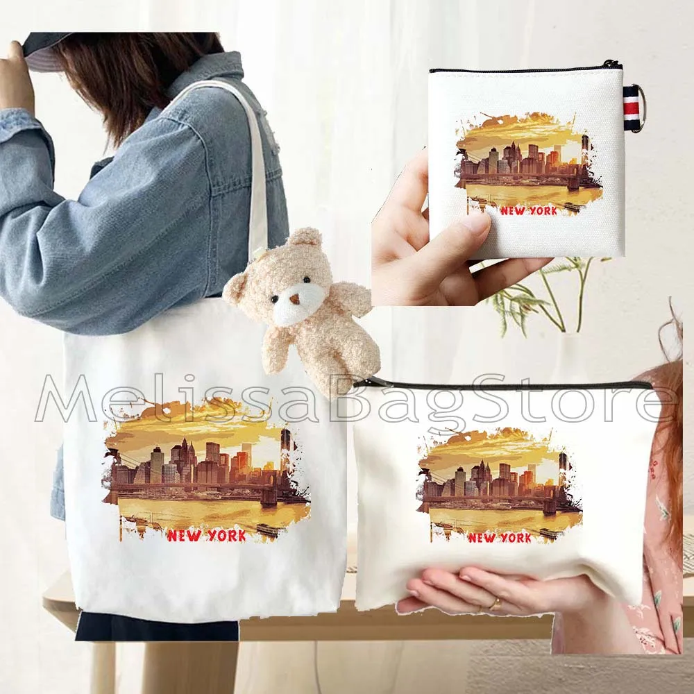 4PCS Gift Set New York City Black Canvas Tote Bag Handbag with Doll Key Coin Purse Cosmetic Makeup Toilet Bag Case Pouch
