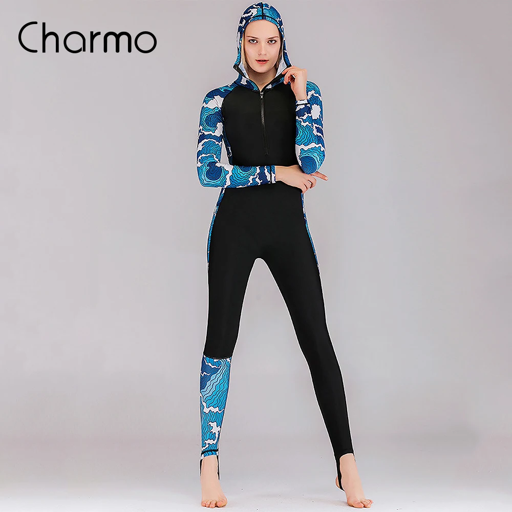 

Charmo One Piece Swimsuit Shark Bart Women's Wetsuit One Piece Long Sleeve Hooded Surf Suit Surfing