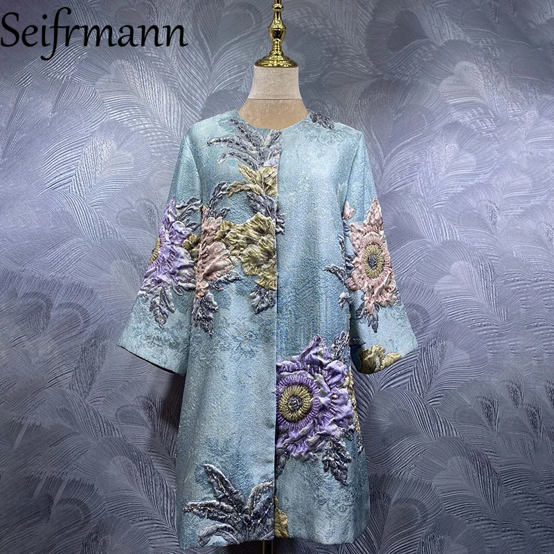 Seifrmann 2026 Summer Women's clothing New Fashionable Round Neck Long Sleeve Nail Bead Jacquard Long Coat