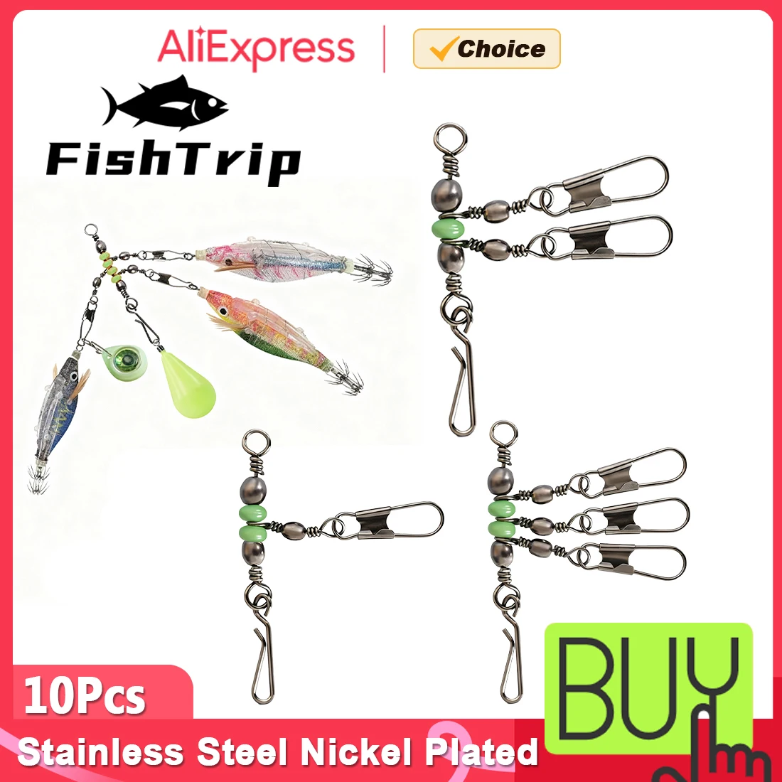 FishTrip 10 Stück 3-Wege-Wirbel, Lager-Rollwirbel mit leuchtenden Perlen, Angelverbinder, mit Interlock-Druckknopf zum Surfangeln – Detail 1