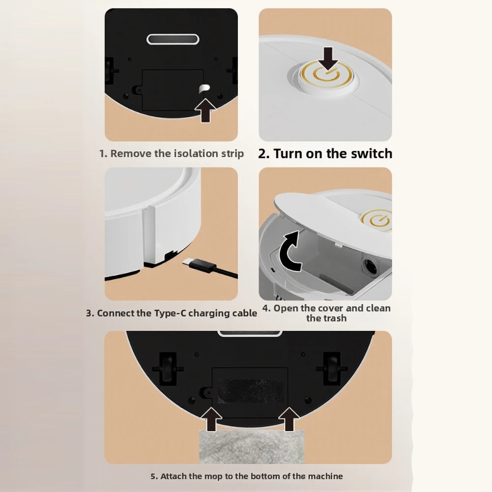 Robot Vacuum Cleaner 20x20x6cm with Mop Cloth for Hard Floor Cleaning Dual Action Sweep and Wet Mop ABS White or Black
