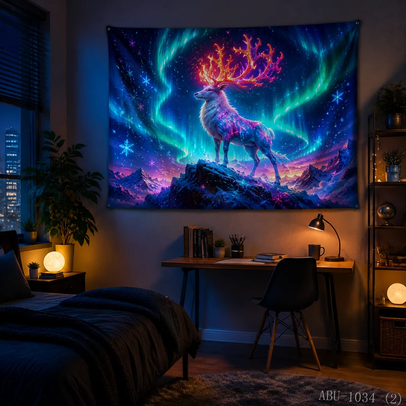 VIKAMA Neon Waterfall Forest Deer Christmas Tree Tapestry High Definition Background Cloth Holiday Atmosphere Room Decoration