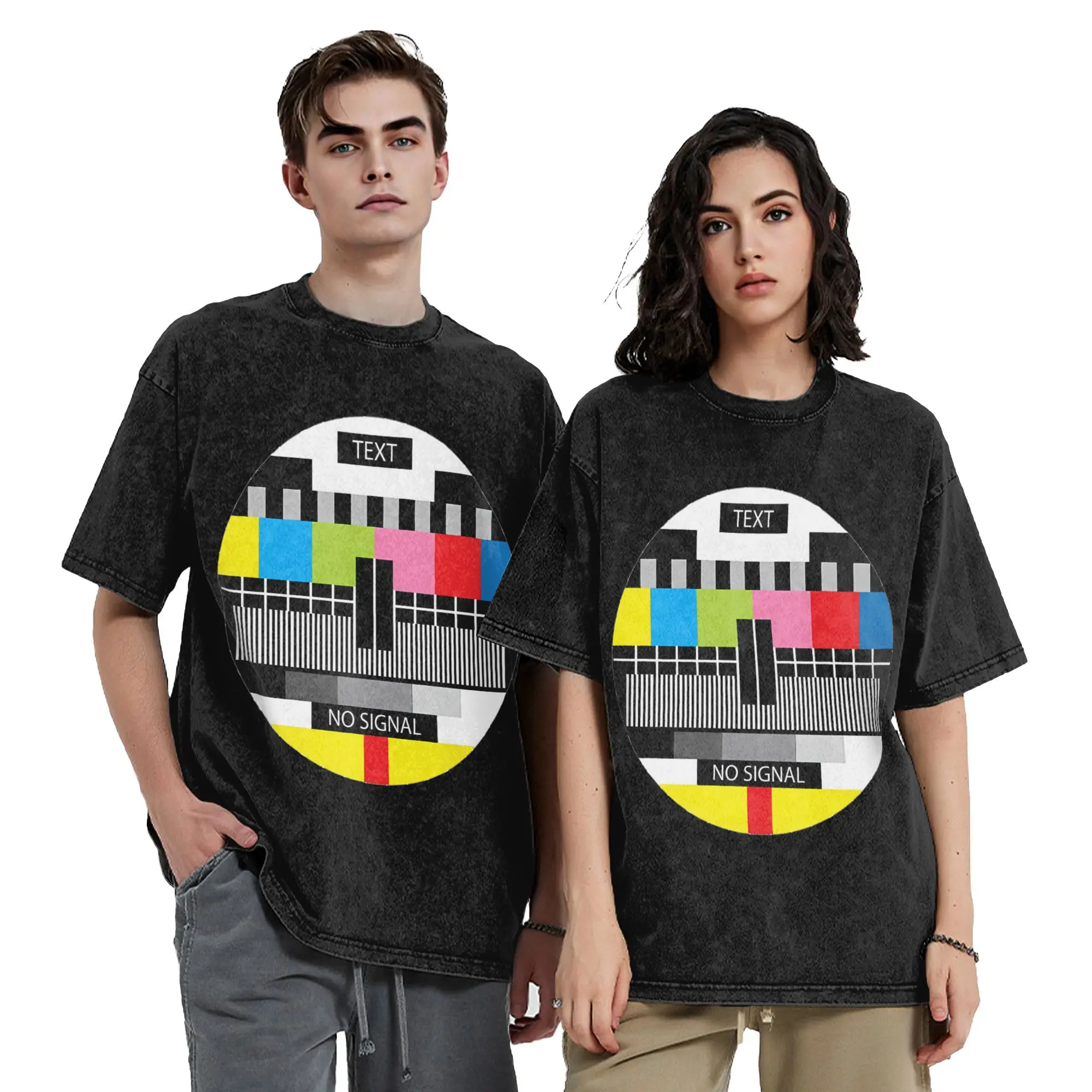 No signal screen woman Men Cotton Washed Hot stamping Print T-Shirt, Harajuku Cotton Tshirt Men's Summer Short Sleeve Tees