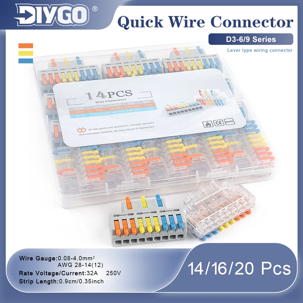 

14/16/20 Pcs/Set Lever Quick Connectors 3P In 6/9 Out 28-12AWG Electrical Splicing Mini Terminal Suitable For Solid Twisted Wire