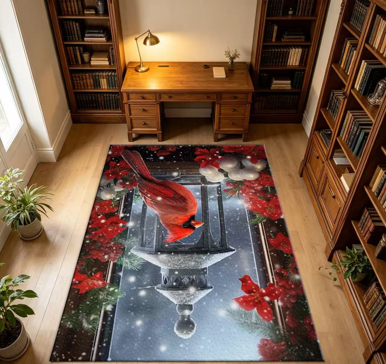 Winter Cardinal Red Bird Lantern Poinsettia Christmas Home Area Rug