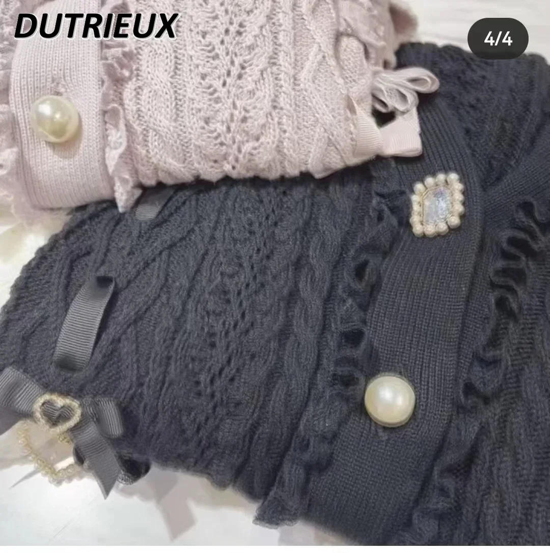 Suéter japonés de manga larga con cuello en V y bolsillo tejido hueco para niñas dulces cárdigan de punto de un solo pecho con lazo versátil