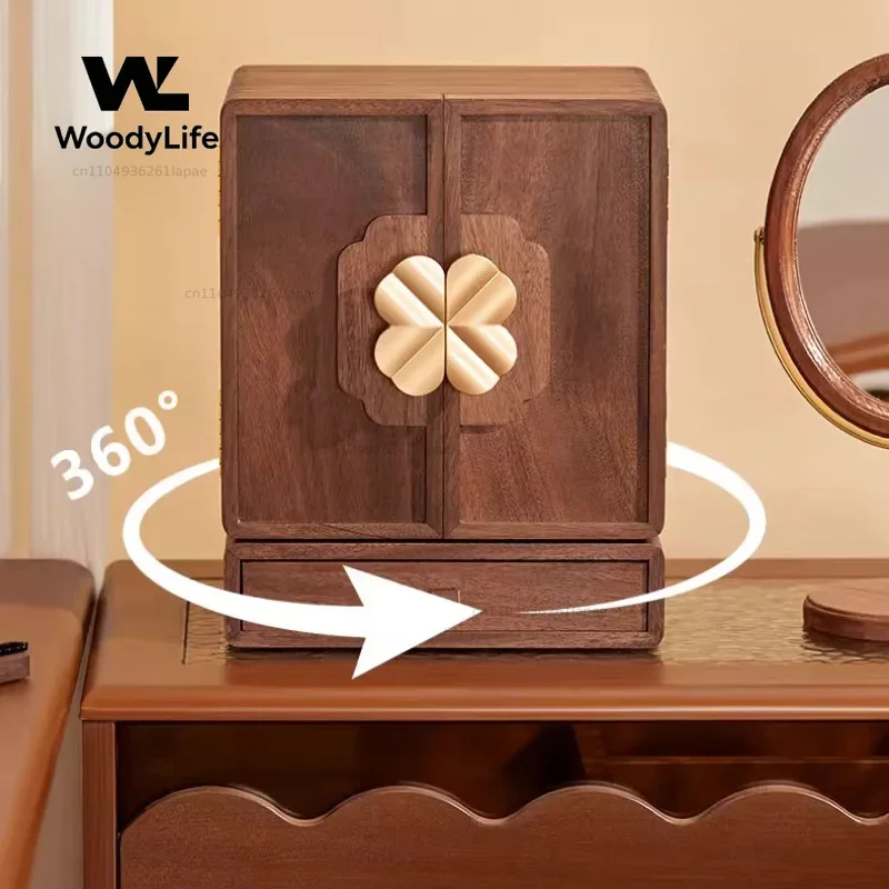 Rotating Jewelry Box Wooden Large Necklace Box Organizer Anti Oxidation Jewelry Case Bracelet Earrings Storage Boxes with Lock