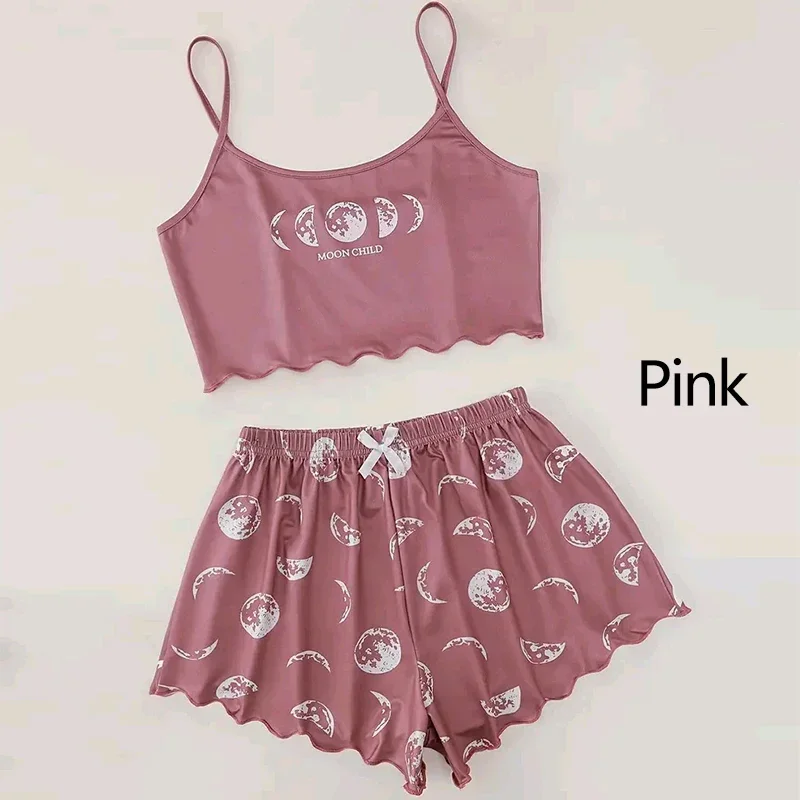 Summer Pajamas Sleepwear Women Pajama Set Sports Camisole and Shorts Pink Moon and Planet Print Comfortabl Casual Suit