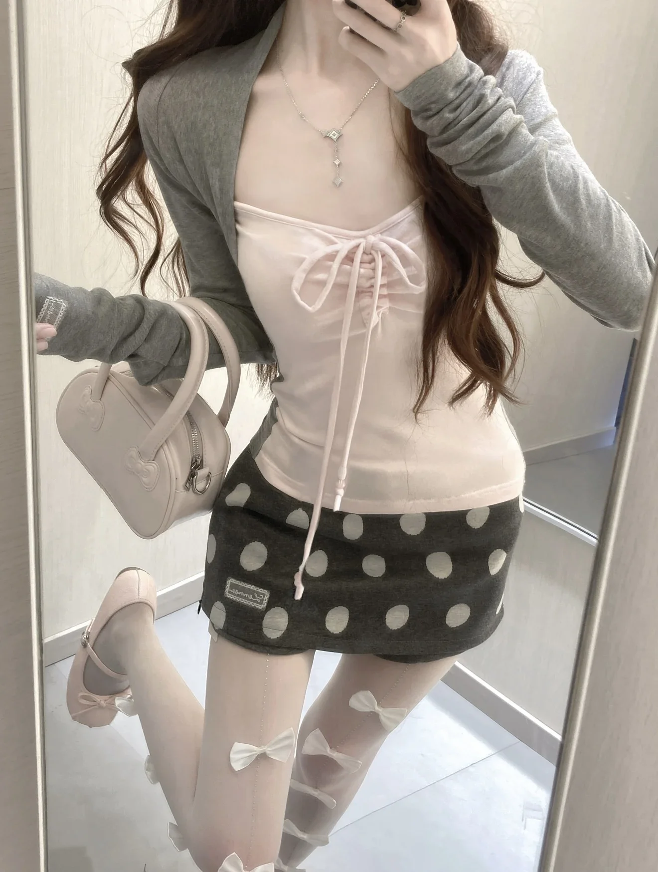 Korean Sweet Sexy 2 Piece Set Women Contrast Layered Ruched Tie Front Long Sleeve Slim Fit Crop Top Polka Dot Mini Skirt Suit