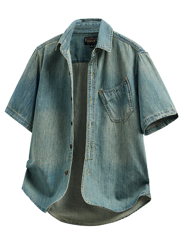 

Ретро-американская джинсовая рубашка для мужчин, летняя новинка, свободная повседневная рубашка с коротким рукавом, мужская хлопковая молодежная износостойкая тонкая куртка