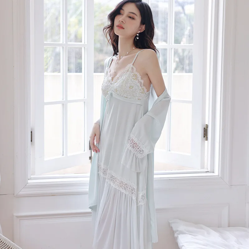 

Sexy Lace Robe Gown Set Summer New Print Sleepwear Kimono Bathrobe Nightgown Suit Women Casual Silky Satin Home Dress Loungewear