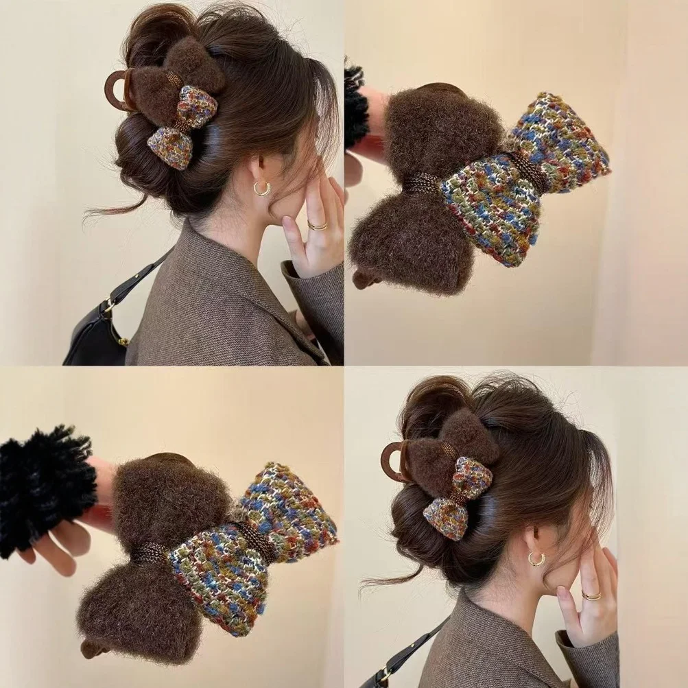 

Plush Bow Hair Clip for Autumn/Winter Women's Back-of-Head Hair Clip Outdoor Updos Shark Clip Chic Hair Accessory for Women