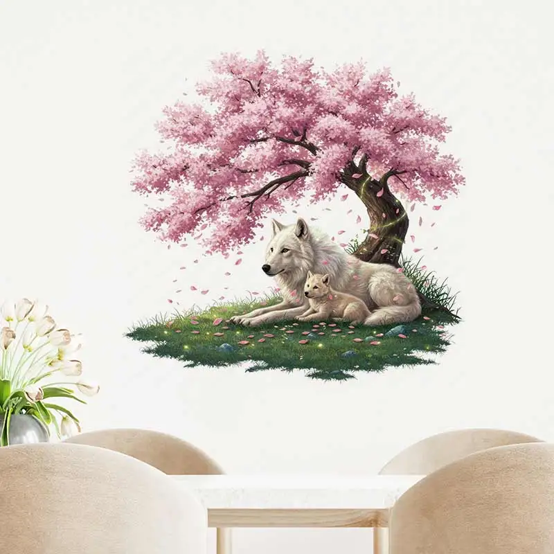 Watercolor Wolf Mom Cherry Blossom Wall Sticker Bathroom Toilet Decor Living Room Cabinet Refrigerator Home Decoration M1464
