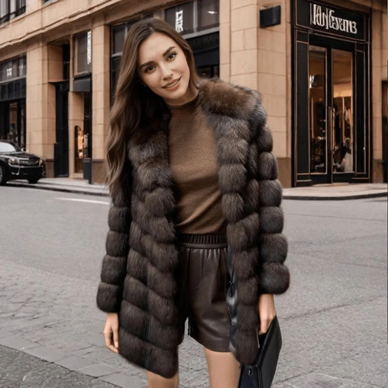 Women Autumn Winter Warm Mid-Length Hooded Coat Fur Jacket Plus Size Loose Luxury Brand High Quality Fluffy Soft Faux Fur Coat