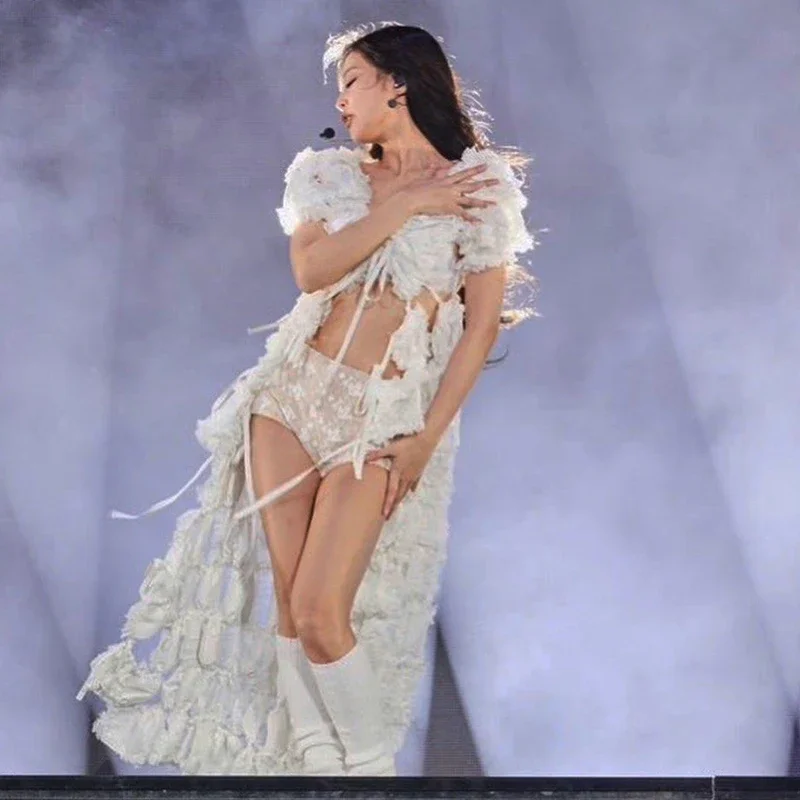 

2025 Kpop Outfit Idol Singer Stage Costume Fairy White Flower Cloak Long Dress Y2K Performance Clothes Jazz Stage Wear