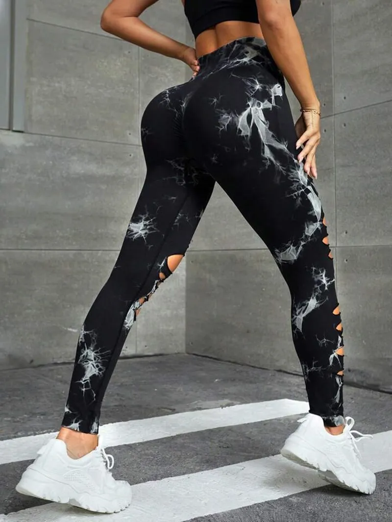 Neue sexy Hollow Out Tie Dye Leggings Frauen nahtlose Leggings hohe Taille Hüfte heben dehnbare Sport Fitness Laufen Yoga Strumpfhosen