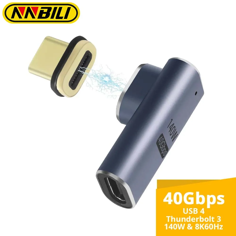 NNBILI 90 Degree USB C Magnetic Adapter PD 140W Quick Charge 40Gbps Data Transfer 8K@120 Hz Video Output for All Type-C Devices