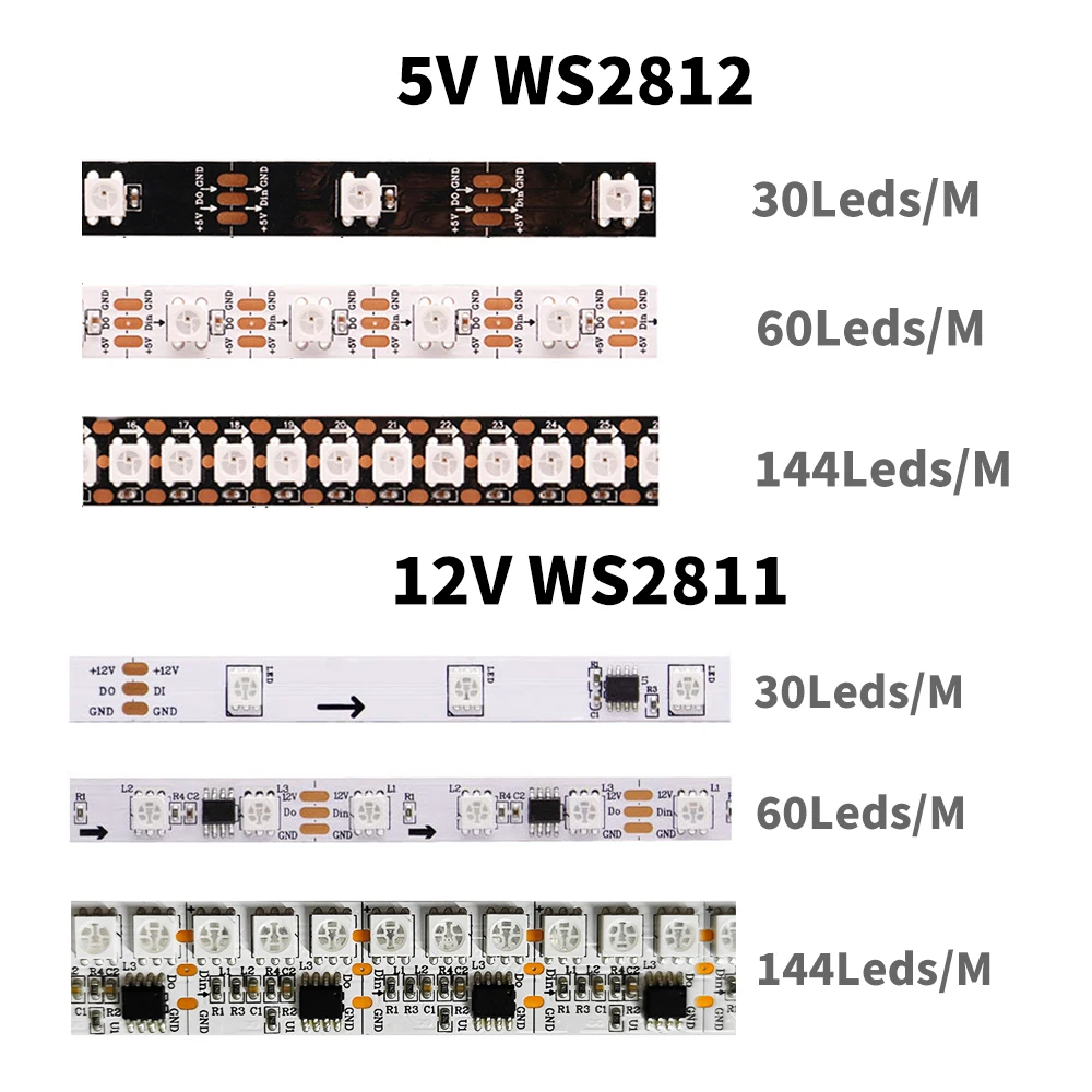 

WS2812B WS2811 Светодиодная лента RGBIC Пиксельный светильник с индивидуальной адресацией 30/60/144 светодиодов/м WS2812 Освещение Лента Веревка IP30/65/67