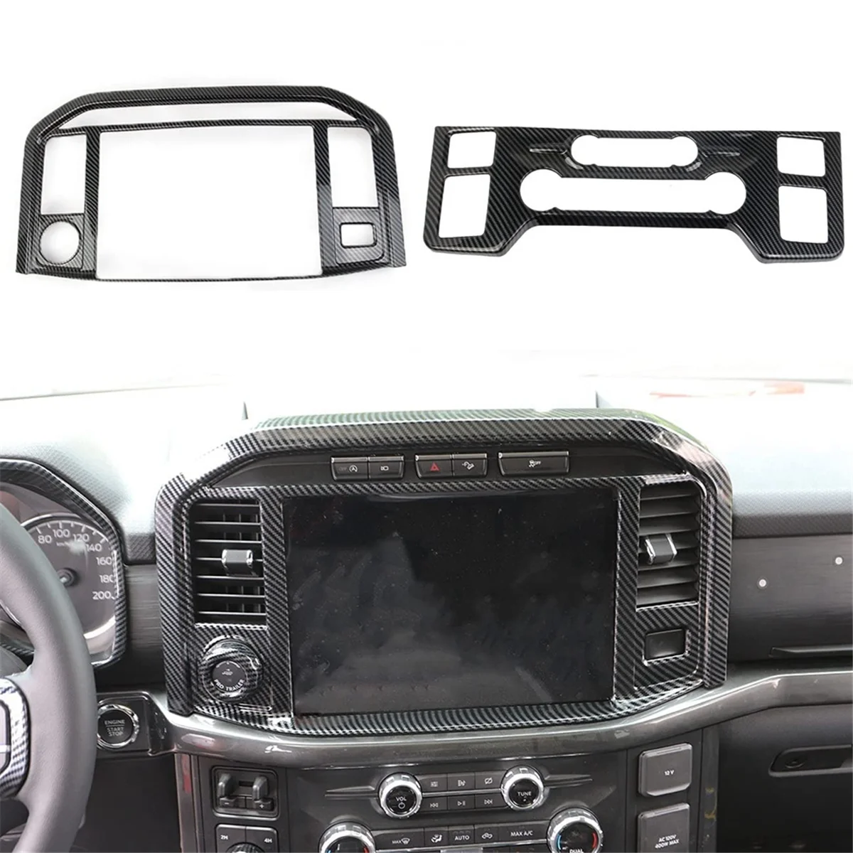 Carbon Fiber Central Control Panel Cover Trim for Ford F150 2021-2023 AC Adjustment+Navigation Frame Cover ,2PCS