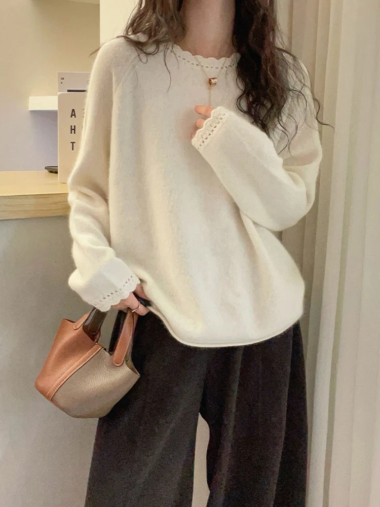 Lace Trim round Ne Knitwear Women's Loose Casual Sle Autumn Winter Faionable Slimming Versatile Top for Younger Look
