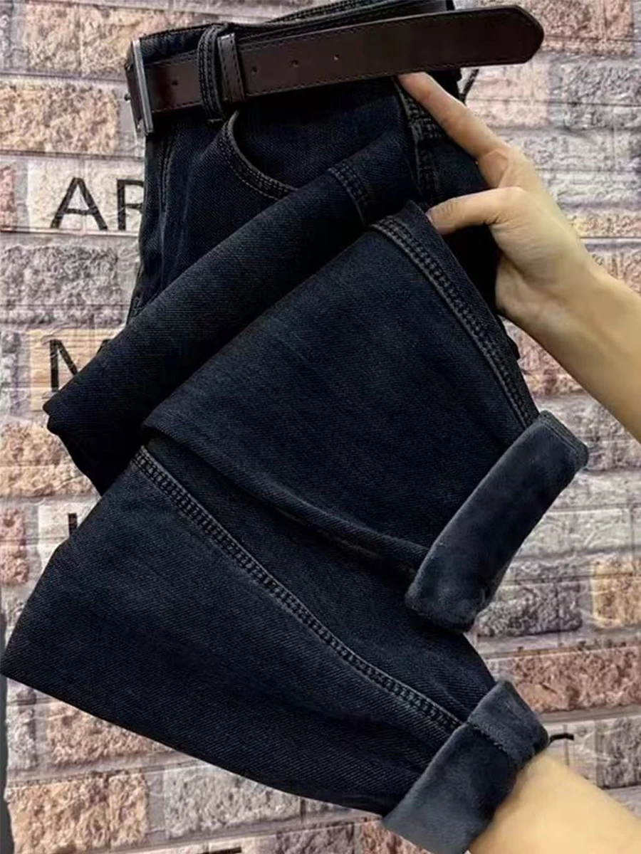 

Джинсы женские больших размеров с подкладкой, деним, с высокой талией, утягивающие, в стиле «папа-шаровар», длиной до щиколотки, осенне-зимние, хлопковые, эластичные