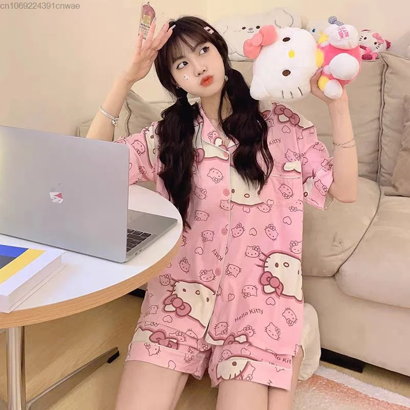 Sanrio Hello Kitty Pjs Pajamas Shorts Set Summer Cute Pink Home Wear Comfortable Two-piece Set Kawaii Anime Pyjama Sleepwear Yk2