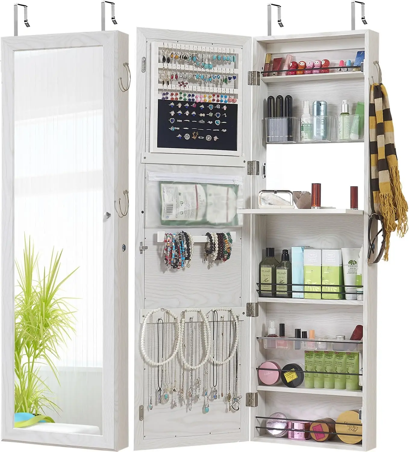 Jewelry Mirror Armoire Wall Mount Over The Door Mirror Jewelry Cabinet Storage Mirror Organizer Lockable Full Length Door Mirror(White Oak)