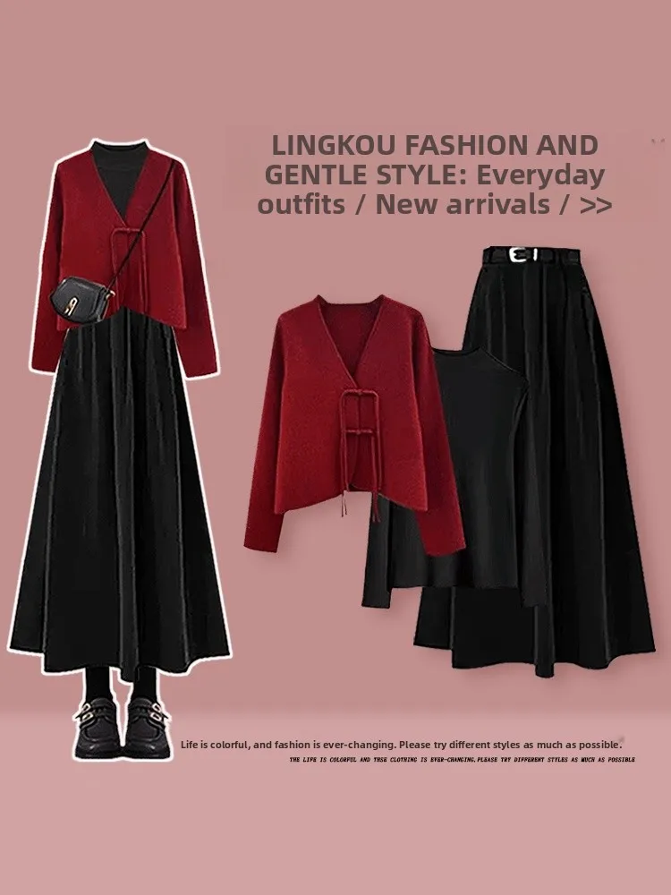 

plus Size Autumn Winter Casual Knitted Set Women's Christmas Red Color Base Layer Shirt Slimming High Waist Skirt Three Piece...