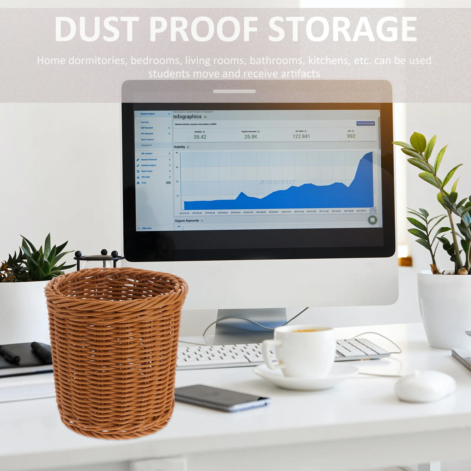 

Coffee Colored Medium Pen Holder Imitation Rattan Design Stationery Storage for Home School Office Decor