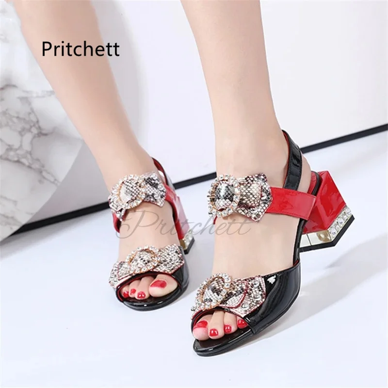 Rhinestones Butterfly-Knot Women's Sandals Luxury Red Black Bright Leather Square Heels Crystal High Heels Party Wedding Shoes