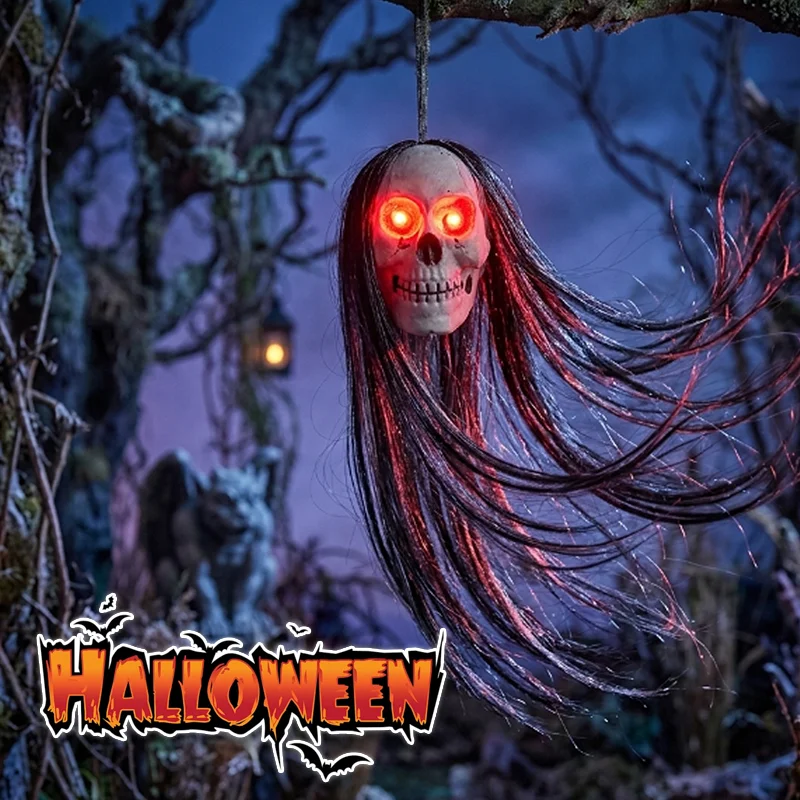 Halloween-Geisterkopf mit Langen Haaren und Leuchtenden Augen, Gruseliges Skelett-Kopf-Deko für Spukhaus, Party, Outdoor und Garten ﻿