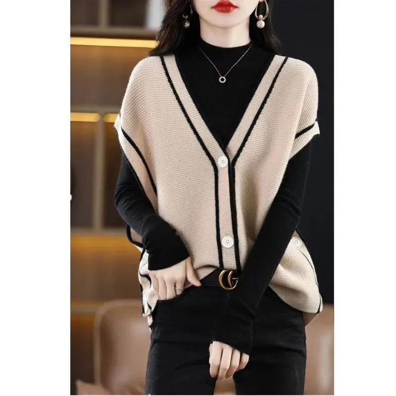 2022 Autumn Casual Fashion V-Neck Spliced Knitted Sweater Vest Female Clothing Commute Pullover Tops All-match Korean Sweaters