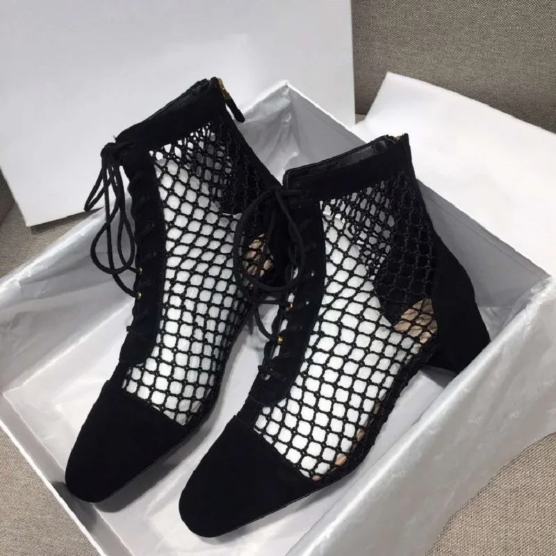 

2025 summer new ankle boots high quality lace-up hollow mesh boots thick heel square zipper and naked boots