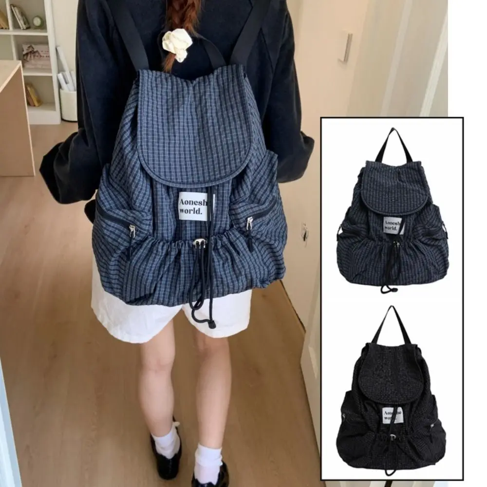 

Fashion Solid Color Drawsting Backpacks Korean Plaid Ruched Shoulder Bags Nylon Light Weight Student Schoolbag Teenagers