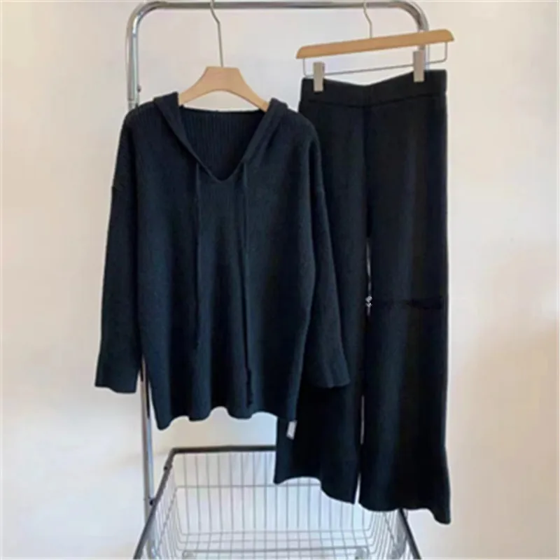 Autumn and Winter New Women's Knitted Fashion Suit Hooded Loose Casual Sweater Wide-legged Pants Two-piece Set