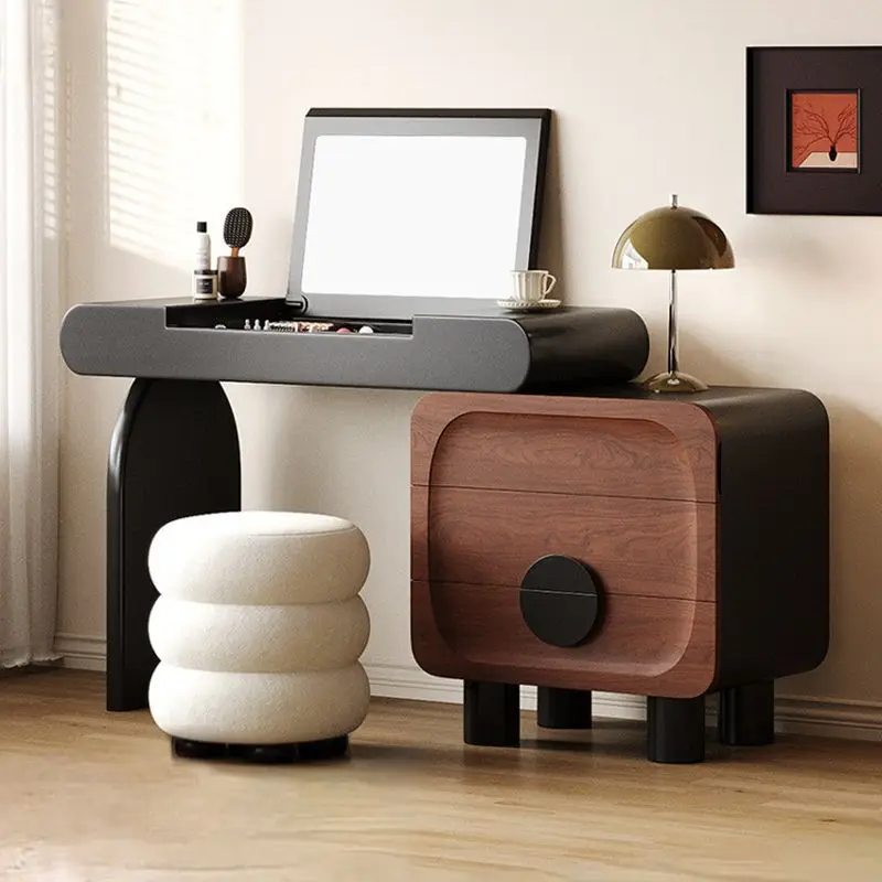 

Retractable corner retro dresser chest integrated small apartment bedroom walnut pattern flip cover makeup table