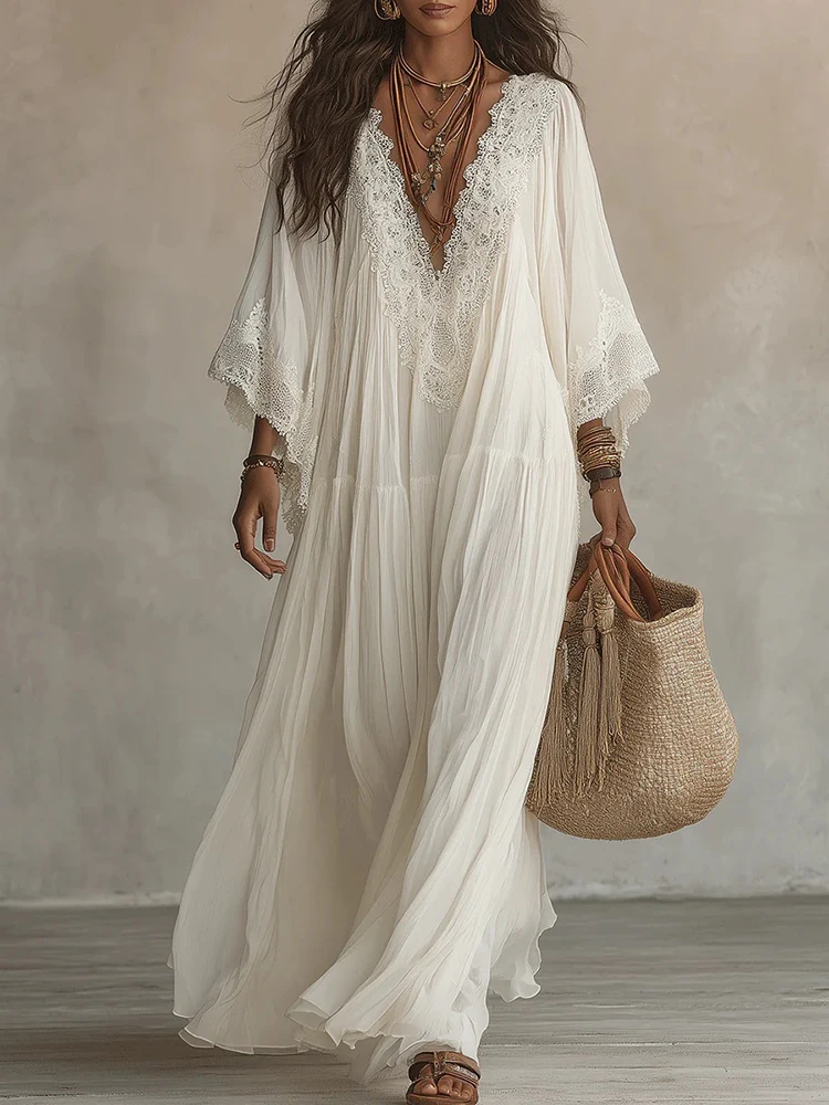 Sexy Ladies Deep V Long Sleeved Holiday Dress Women Elegant Solid Color Pleated Party Dress Autumn Lace Design Loose Robe Dress