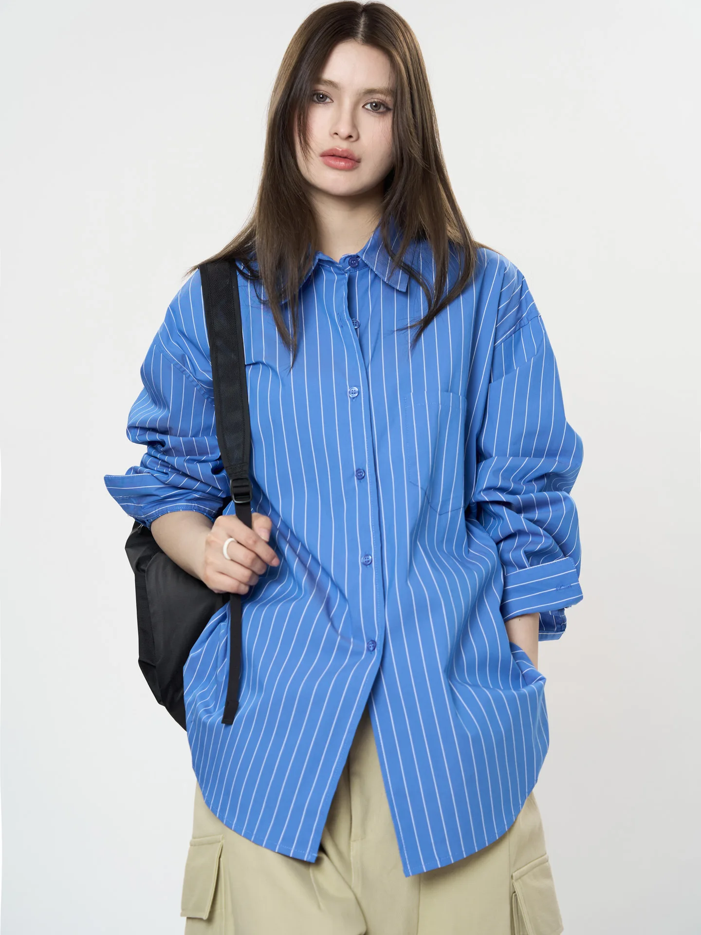 Spring and Autumn Women's Casual Striped Collar Long Sleeve Pocket Decorative Loose Shirt