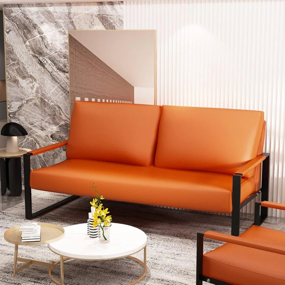 

Mid-Century Orange Loveseat - Faux Leather 2-Seater for Living Room & Office"​