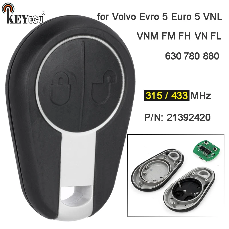 KEYECU 315MHz / 433MHz P/N: 21392420 2 Buttons Remote Key for Volvo Evro 5 Euro 5 VNL VNM FM FH VN FLTruck 630 780 880