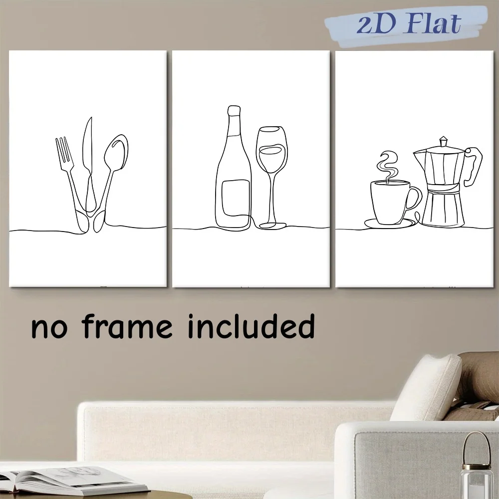 3-piece set of modern minimalist kitchen decoration paintings, single line knives, forks, spoons, frameless canvas paintings, re