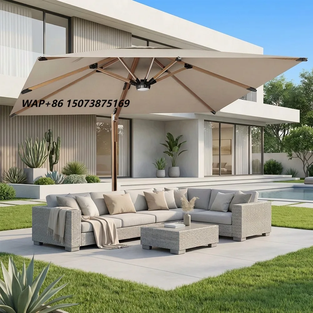 Super High End 3m*3m All Aluminum Frame Pole Cantilever Patio Parasol Umbrella with Movable Base Led Light