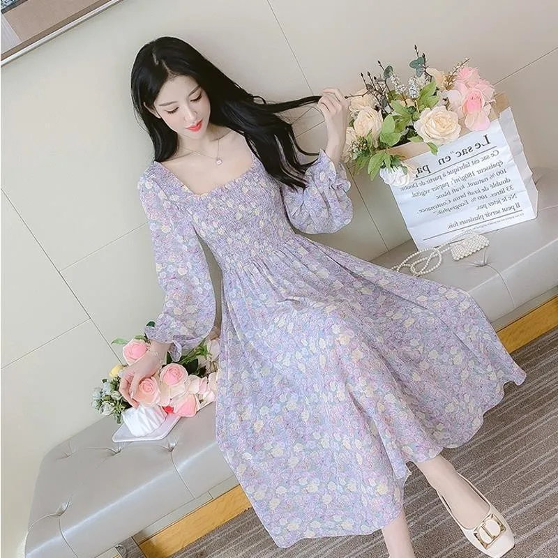 Ele floral embelezado chiffon dr feminino cintura alta na altura do joelho ajuste fino gola quadrada longa saia evasê