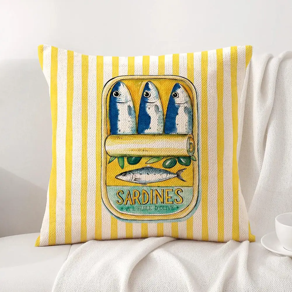 Checkered Sardine Tin Art Cushion Cover Linen Double-Sided Printing Throw Pillow Cover for Sofa Living Room Home Decor